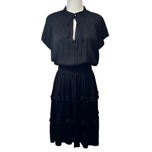Scoop Satin Black Mini Dress Tiered Ruffle Pleated Mock Neck Office  Large 12-14